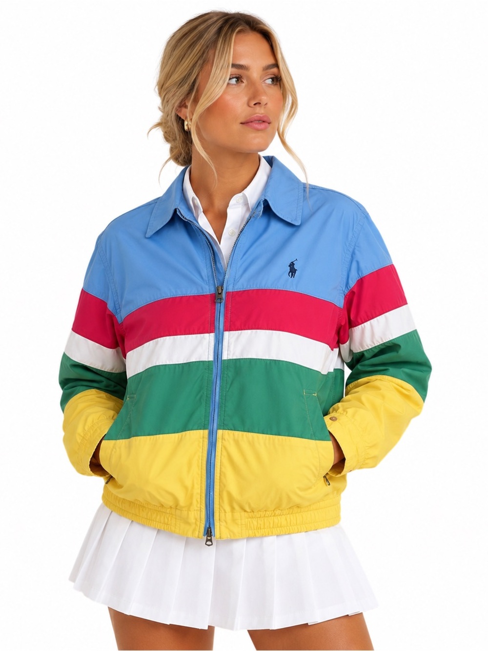 Polo Ralph Lauren Poplin Color Block Stripe Bomber Jacket Women SZ S Retro Prep